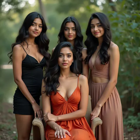 Realestic, cinematic photography, outdoor photoshoot, Natural lightning, one indian lady principle sits on the chair, 3 college girl students stand with her, theyre seeing at viewers, theyre wearing sexy dress, 