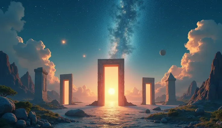  An inspiring scene showing a vast universe of open doors .  Each door leads to a different setting ,  symbolizing new opportunities and paths in life .  Some doors open to stunning landscapes such as flowery fields, futuristic cities ,  majestic mountains...