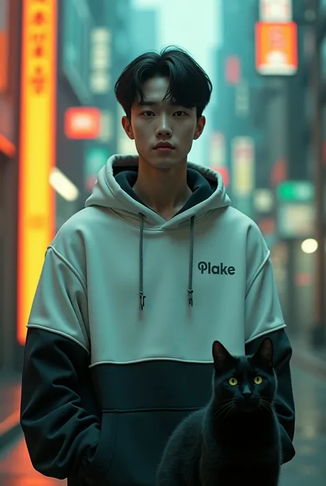 A korean youth Side parted hair Short, his face fully revealed, stands confidently amidst the cybernetic cityscape. Adorned in a white and black hoodie, he exudes a sense of urban style and intrigue. Soft orange and green lights gently illuminate the scene...