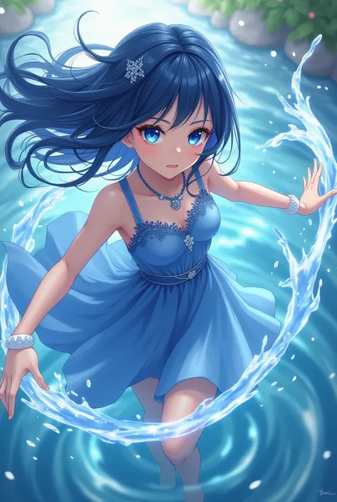 Anime girl dark blue shorts hair and blue eyes and wear blue dress and has power control water