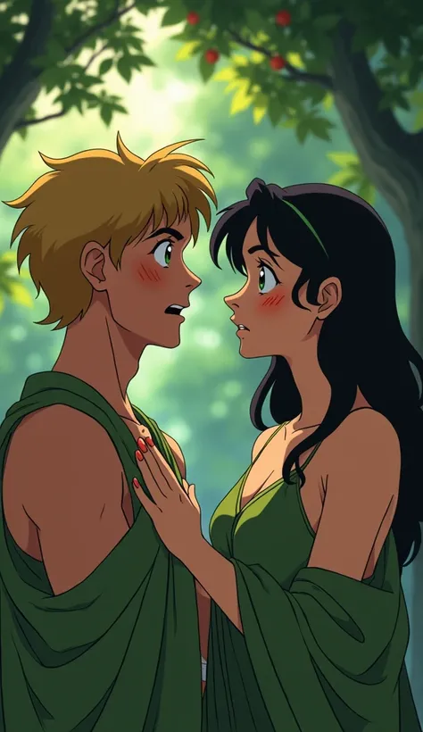 A 90s anime-style scene where  male Adam and female  Eve, after eating the forbidden fruit. Their eyes widen in shock and vulnerability as they look at each other, their faces flushed with embarrassment and fear. Both are covered by fig leaves, their bodie...