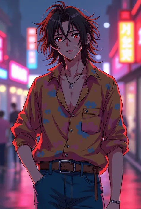 Make an 80s anime about a man with a loose shirt and long thin brown hair