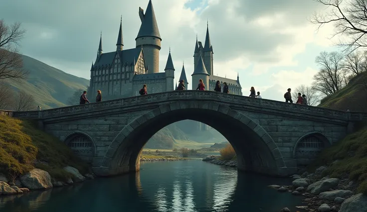 Group of friends crossing the bridge of Hogwarts Castle, architectural details, majestic environment, 4K rendering, cinematic style, absolute realism.