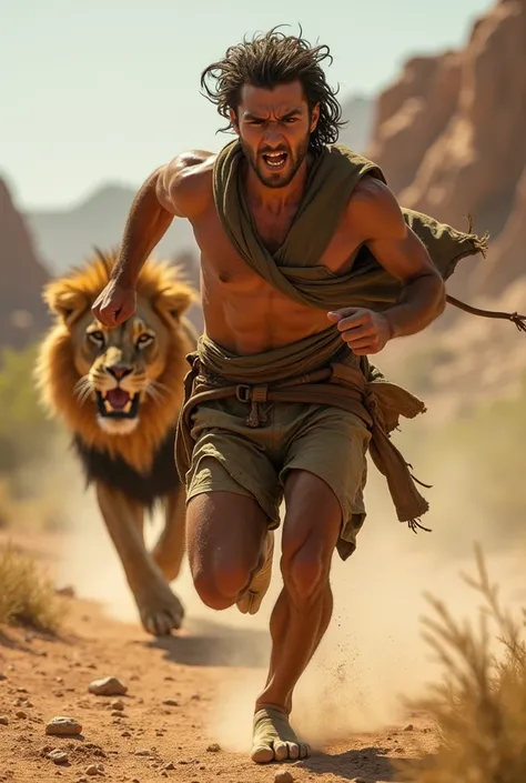 Generate a man running from a Lion
