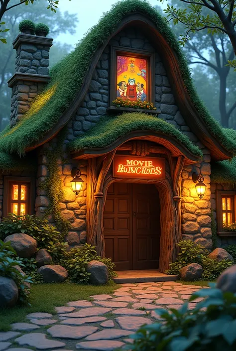  A detailed scene from an enchanted cinema inspired by a fairytale world ,  similar to the universe of Shrek .  The cinema is built with natural materials such as wood and stone ,  covered by a roof of grass and plants ,  with a magical sign illuminated wi...