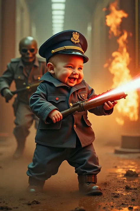  creates a realistic image of a very smiling newborn divided by Carabinieri Rigid hat with frieze who fights with a laser chainsaw against ET-type aliens armed with fire-ray telephones .The scene takes place in Galleria degli Uffizi Italia between mud and ...