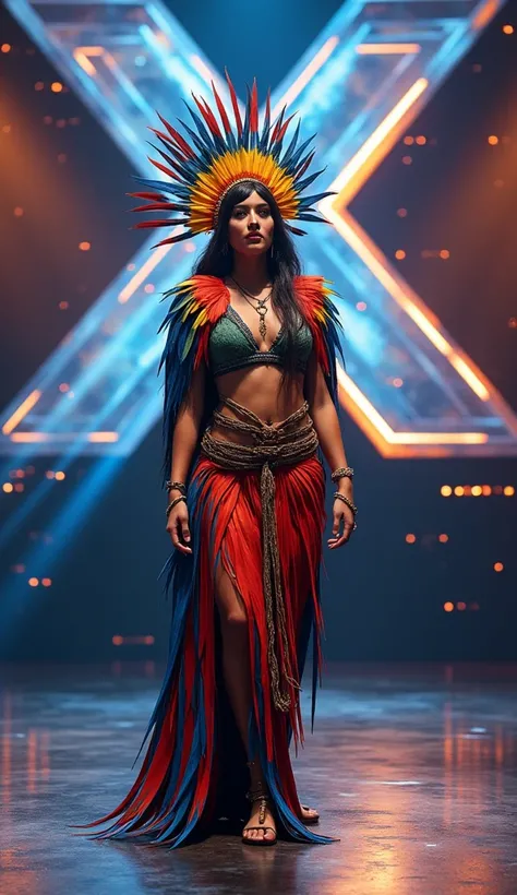 A humanoid macaw woman with arms and legs inspired by a Yanomami woman, the head is a macaw, the body is a macaw, she wears a belt made of woven fibers and a headdress made of vibrant tropical feathers she wears a leaf as a bra. The macaw has human arms an...