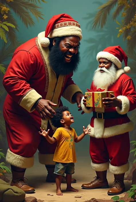 Realistically draw an angry African Santa who screams and a scared brown  in front of him and next to these two another smiling Santa who delivers the gift to a quiet brown  