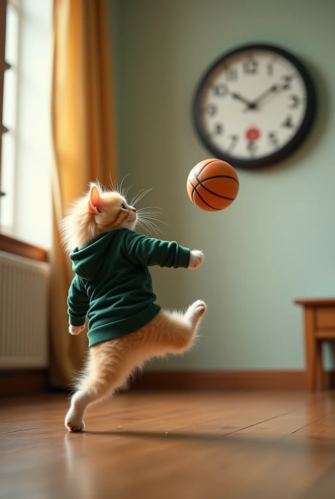 The Ball Hits the Clock
The light golden kitten, wearing a dark green hoodie
The kitten kicks the ball harder this time.
The ball bounces off the floor, flies upward, and hits a clock hanging on the wall.
