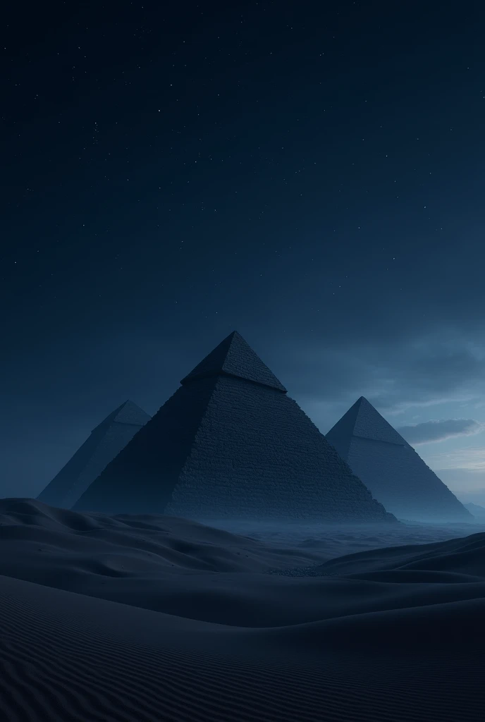 Image with three pyramids and a deep blue night in the background