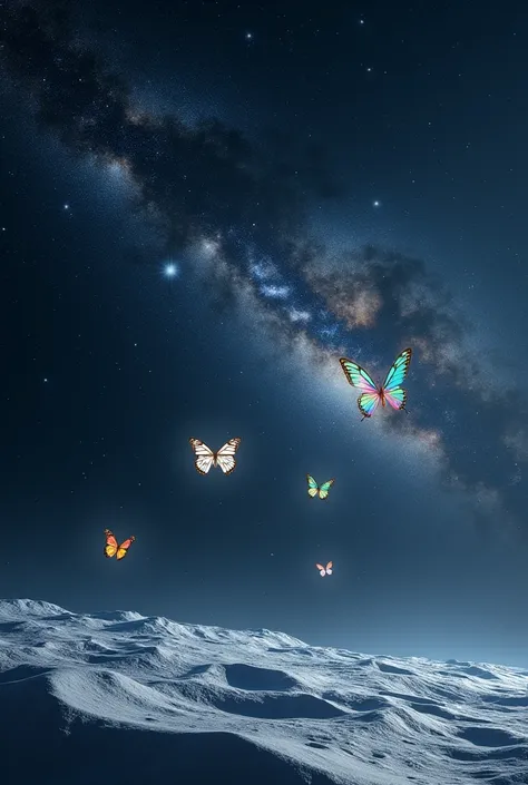  Butterflies in space, against the background of the Milky Way, The view from the moon 