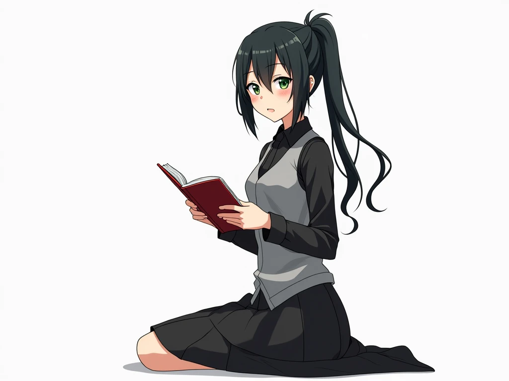 a close plan. sloppy, black eyes Anime girl character with black hair ponytail, green eyes, wearing a gray vest over a black shirt and tie, with a black skirt. in a long skirt, on his knees, he takes out a manga , full-length, on a white background