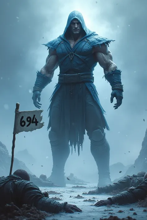 Generate a picture of scary looking sub zero on top of dead soldiers with flag next to him writing 694 on it make the background frosty and chilling


