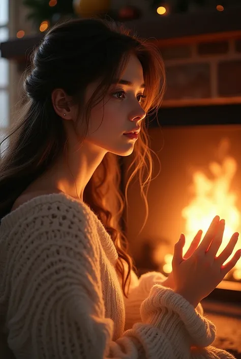 Beautiful girl at the fireplace in winter