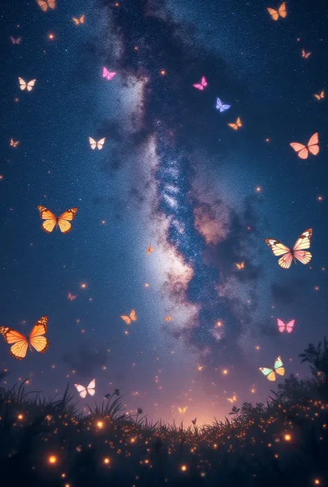  Butterflies in space, against the background of the Milky Way, view from the ground