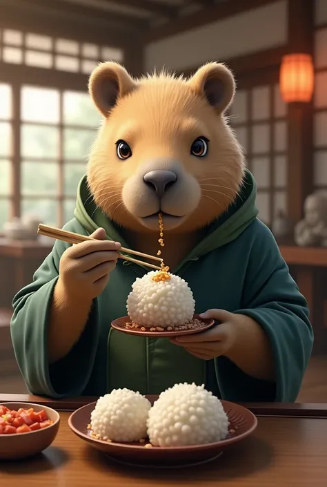 Create a realistic capybara costume of Kakashi eating rice balls at a Japanese restaurant 