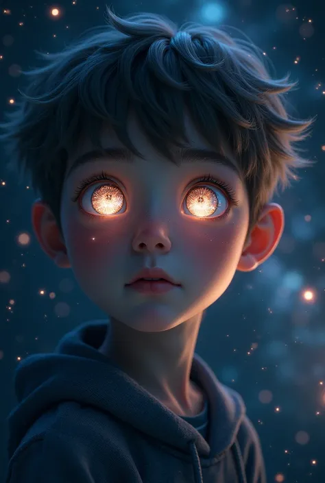 A boy with starry eyes in space