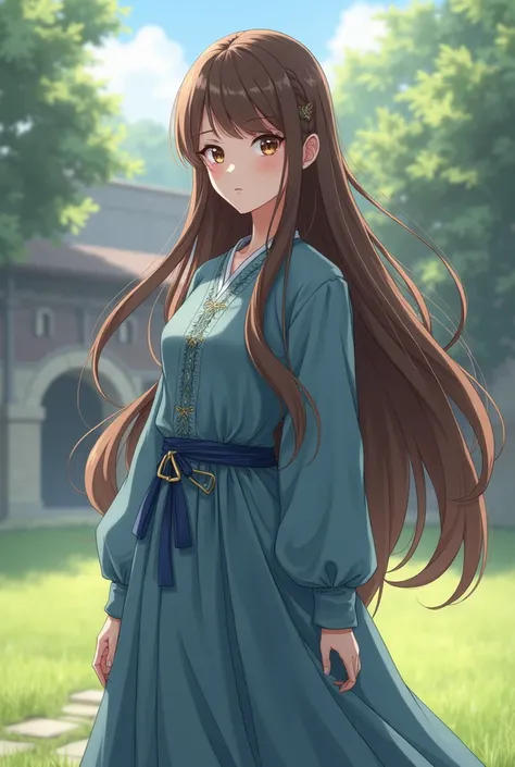 Anime girl brown long hair, medieval blue dress sexy big boobs. Normal. Modest training outfit dress