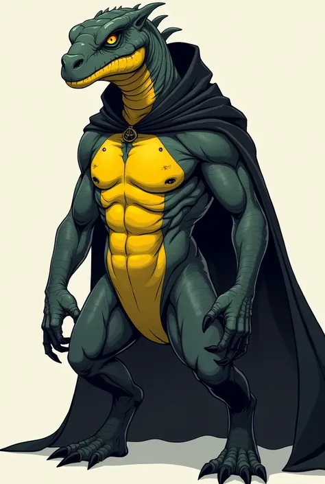 A strong humanoid lizard with black scales with a yellow chest part, yellow eyes with a black cloak, half-realistic cartoon style, full-body, the weakest colors.