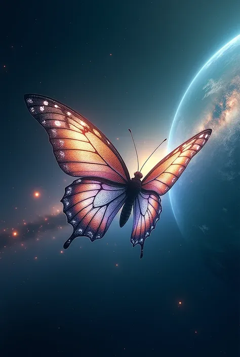 A butterfly in space flies at the speed of light against the background of the washing path and planet Earth