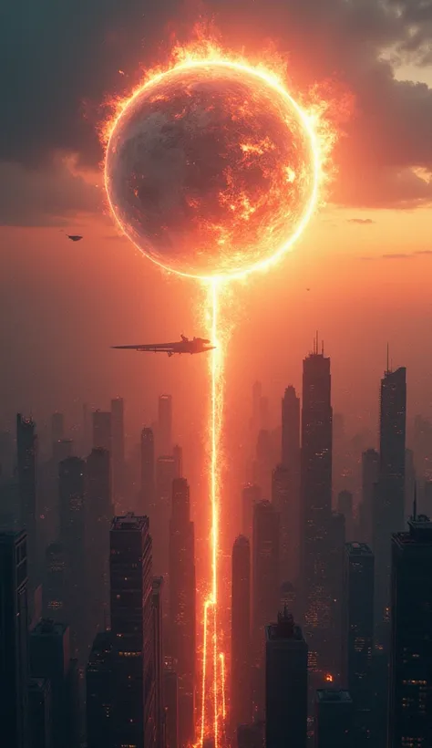  Create a hyper-realistic 8k image of a large futuristic city that was divided into 3 parts the Earth opens up and engulfs a third. Fire from the sky descends and destroys another third by plasma and the other part ship rose into space  