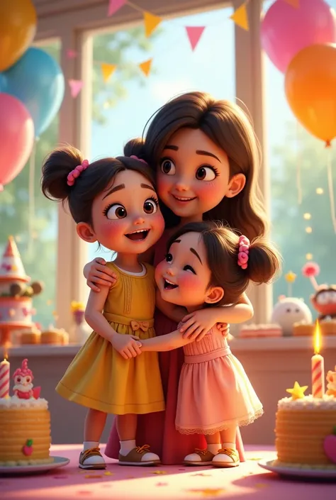 two girls one older than the other with their mom on a Disney Pixar birthday