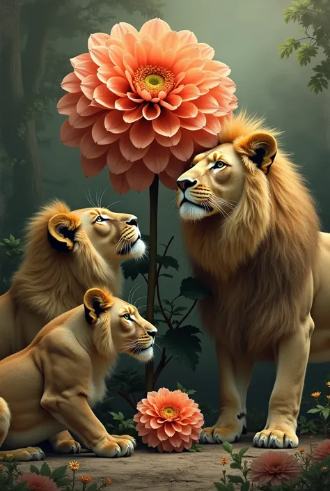 3 lions and a vintage dahlia 
