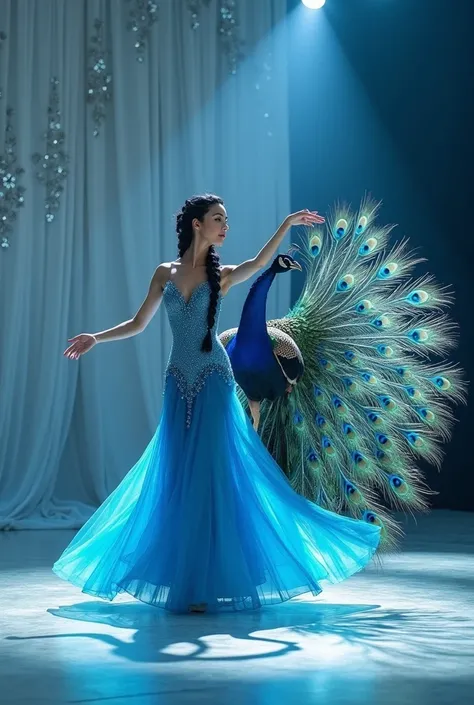 On a luminous stage, a poised woman with braided raven-black hair wears a shimmering blue gown that sparkles like moonlit water. She performs a graceful ballet alongside a regal peacock, its radiant feathers fanned out in an iridescent display of blues, gr...