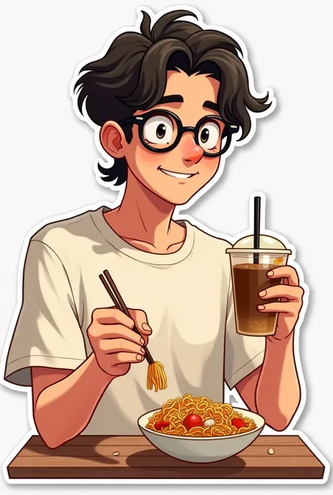 Give me a sticker describing myself as a content creator food vlogger a young man with glasses with neat mid-length curls,  is shown eating instant noodles and ice coffee cup, using a boxy over size t-shirt , the nose is not too crooked, with a happy smile...