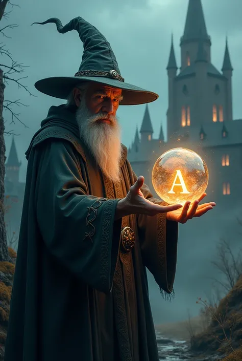 Make a wizard hold a orb that has a letter A   in it  in background there is a castle