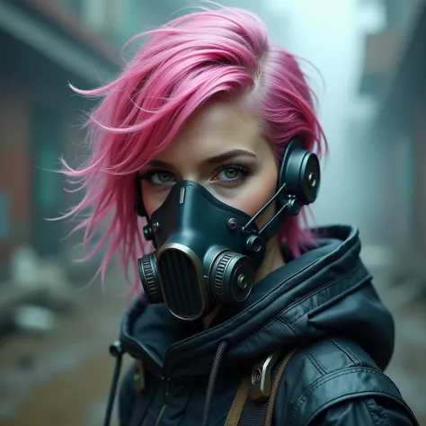  there is a woman with pink hair who wears a gas mask, muted  cyberpunk style , grunge ciberpunk, dreamy cyberpunk girl, cyberpunk look, hyper-realistic  cyberpunk style , cyberpunk beautiful girl,  cyberpunk style ,  Cyberpunk modern mechanoid , cyberpunk...