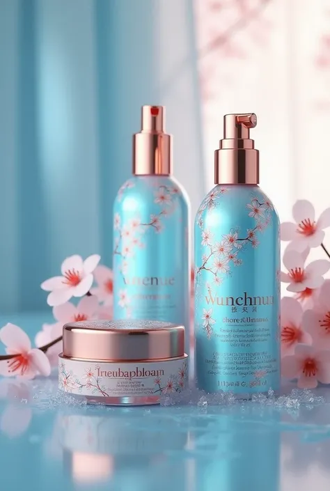 Please give me some labels for cosmetic products with a rose gold and blue color theme that feels good, is luxurious, and has spring blossoms on the inside. If it is used, design it  and please i can print for product