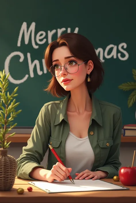  Fifty year old female teacher drawing,  nice and decisive look .  in the background written  "Merry Christmas ". Design style,  brown hair , informal dress 