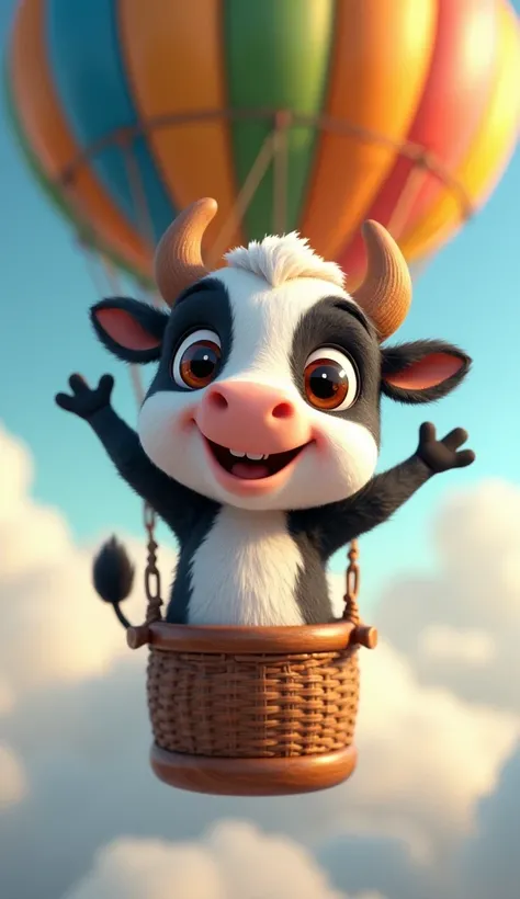 Cute cow, cartoon, free arms, free legs, cute eyes, looking at viewer, arms up, close, hot air balloon, above the clouds, detailed, reflex, 4k, standing, detailed eyes, big brown eyes, black and white, detailed skin, adventurous.