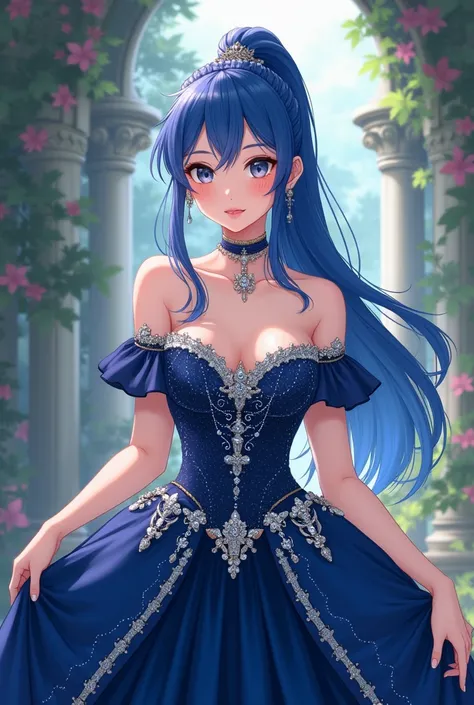 A 20-year-old anime princess with blue hair tied in a black-eyed ponytail wearing a navy blue princess dress with sparkles and jewelry and big breasts