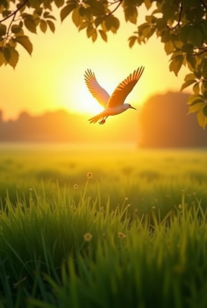  A serene landscape with a rising sun gently illuminating a green field,  Aerodynamic lines .  A bird in full flight can symbolize the freedom and renewal of the day . Sunlight passes through the leaves, creating golden reflections and highlighting the bea...