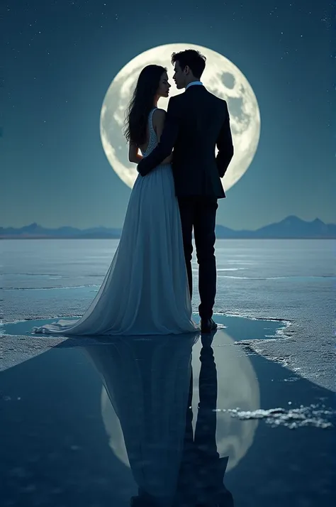 The shadows of a young couple, the girl wears a long dress that you can tell and The boy wears a suit that you can see in the dark, the background is the Uyuni salt flat, at night it is a salt desert with water that reflects the night sky, making you see t...