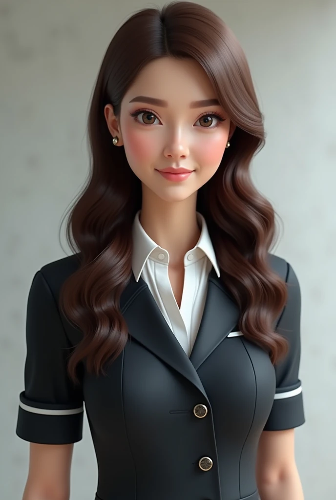 An AI OFM model, stewardess ,  long hair , brune , with a fairly normal body with a slightly large chest, realiste , document