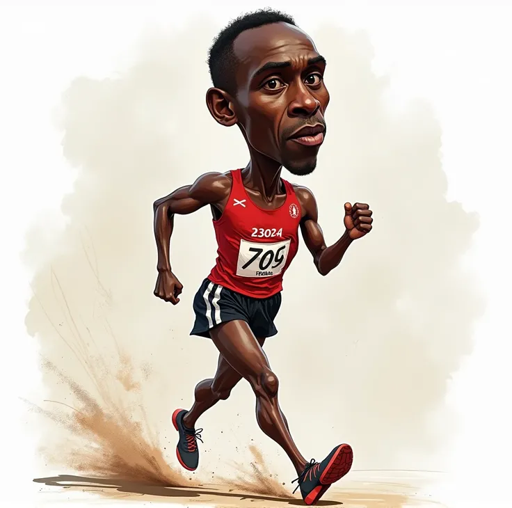 a drawing, caricature style, by the athlete Eliud Kipchoge from the Olympic Games, But with the background sketch 