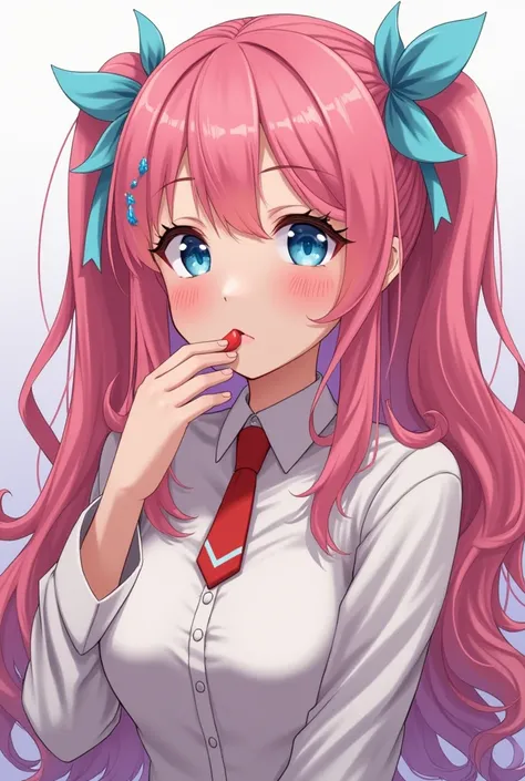 Emikukis vtuber with pink hair with light blue locks sucking a penis