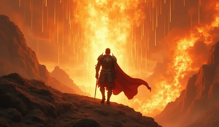 Medieval heroic act of a gentleman on an epic and challenging journey, Its raining Fire from Heaven