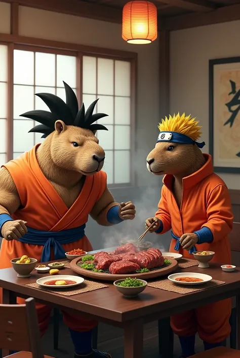 create a realistic image of two capybaras dressed as Goku and Naruto eating barbecue at a Japanese restaurant 