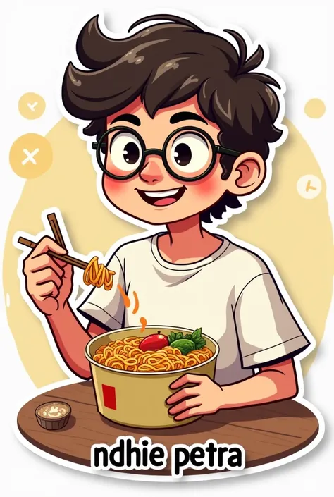 Give me a sticker describing myself as a content creator food vlogger a young man with glasses with neat mid-length curls, shows me eating instant noodles and ice coffee cup, using a boxy over size t-shirt , the nose is not too crooked, with a happy smile ...