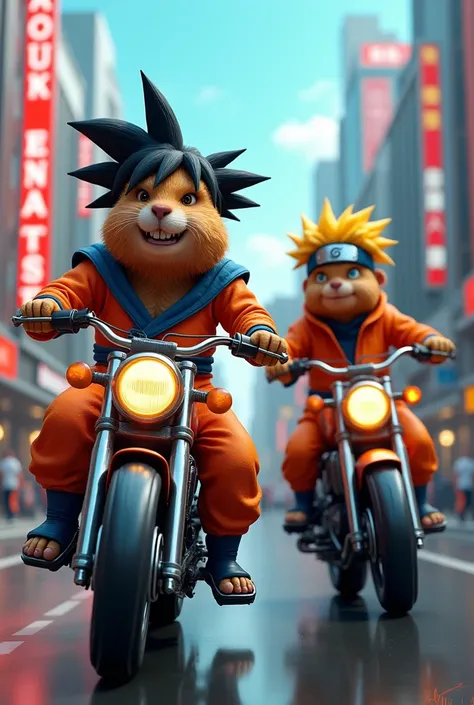 create a realistic image of two capybaras dressed as Goku and Naruto riding motorcycles