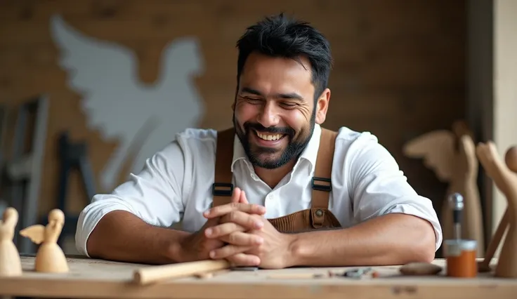 A man with black hair wearing a white shirt, slightly strong. Wearing brown overalls. In a bright environment, he is sitting on a bench, in front of him a table full of tools and carpentry objects. Some wooden sculptures in the shape of angels. Bright envi...