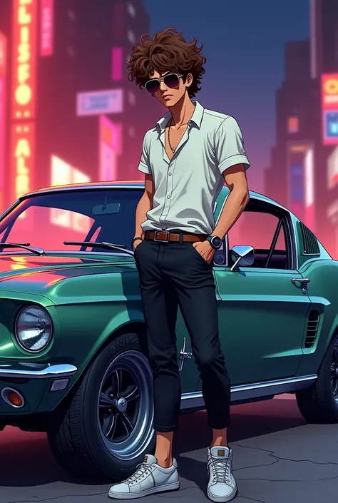 An anime character but that the anime is 80s style and who wears a loose white shirt with tight black pants with sunglasses and curly brown hair that is male and next to a Mustang car 