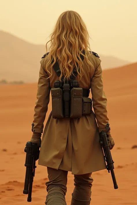 Realistic image from behind Milla Jovovich blond hair on her back with beige gaban boots third-person weapon harness with two machine guns broken gloves pointing through a desert background ravens film filter 