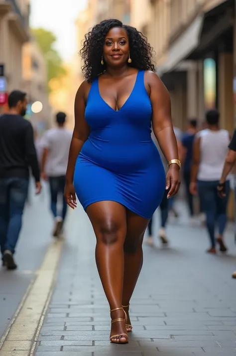 An African woman, well-built, with light skin, standing, weighing 125 kg, wearing a blue mini dress, beautiful face, brown eyes, and a curvy figure is walking down the street.,big booty