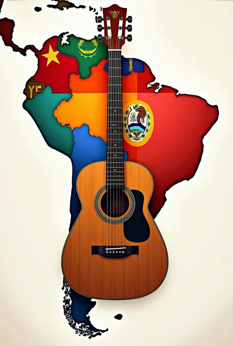 Create a political map with the flags of Latin America and a crossed guitar 