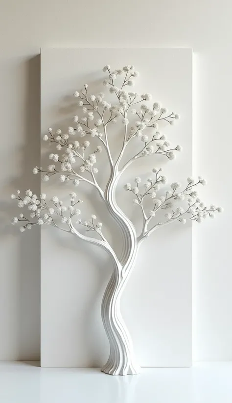 Create 3D floral art white tree ,  tower tree on knife canvas painting,  hand painted oil painting with texture , minimalist  